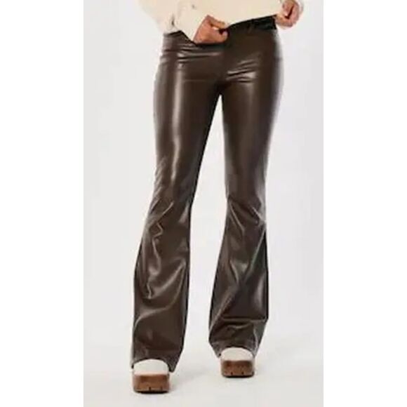 Hollister Women's Vegan Leather High Rise Flare Pants 11 Regular Brown Boho 70s - Picture 1 of 4